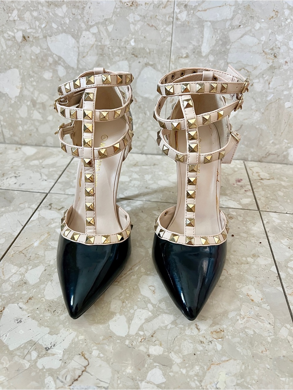 Wild Diva Black Patent Pointed Toe Heels with Nude Studded Straps